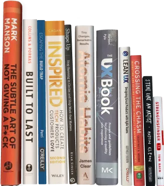 Stack of books about product management, startups, and user experience design